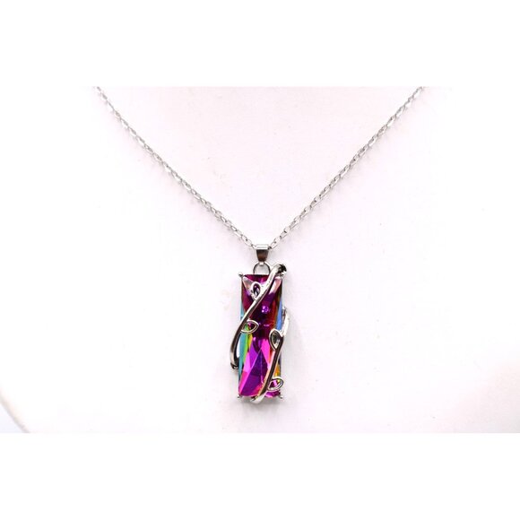 Mystic Quartz Crystal Tree of Life Pendant Necklace Silver Tone Aurora Borealis - Picture 3 of 11